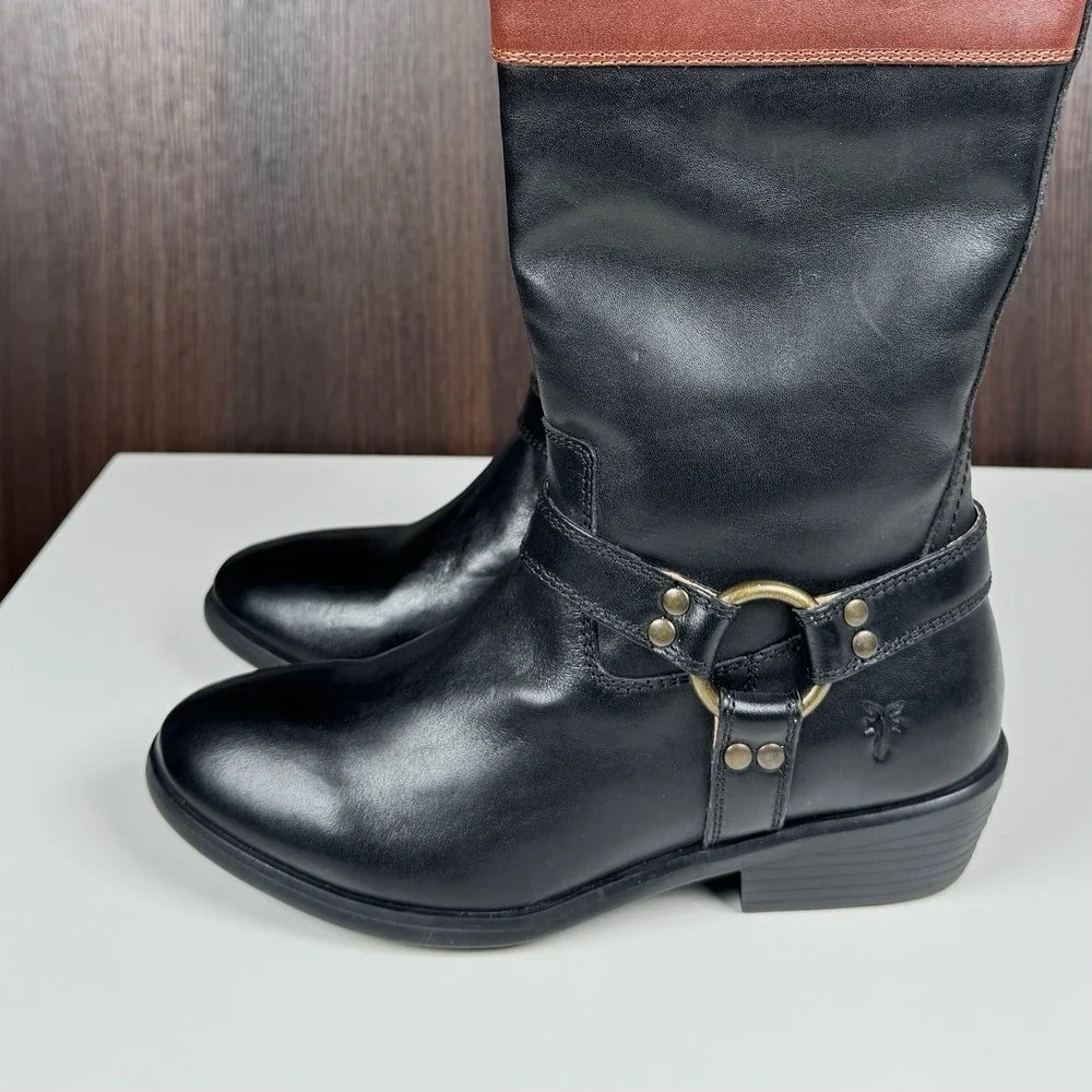 Frye Boots Girls Black Brown Leather Melissa 2 Tone Harness Zip Riding Youth 3.5